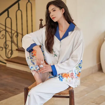 QSROCIO Aukštos Kokybės Moterų Pižama Nustatyti Gėlių Spausdinti Dirbtiniais Šilko Nightie Prabanga Homewear Laisvalaikio Sleepwear Loungewear Moteris