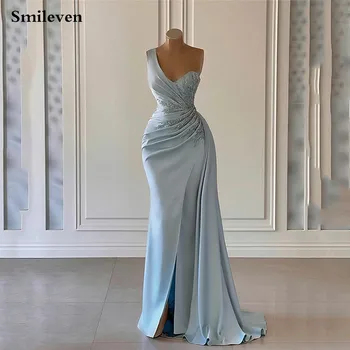 Smileven Dangus Mėlynas Prom Dresses Vieną Petį Duobute Vakare Chalatai Pusės Split Saudo Arabija Paprastas Vestuves Suknelė 2023