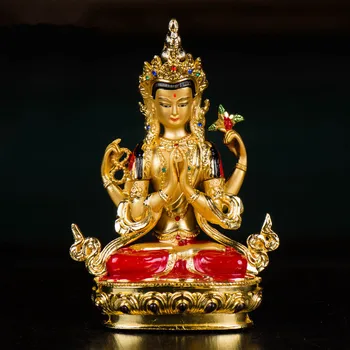 14,8 cm Spalvos paauksuoti Budistų Tiekėjų Bodhisatva Avalokitešvara Keturių Ginklų Guanyin Tibeto Pav Statula