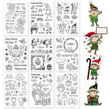 9 Lakštai Kalėdų Tema Silikono Aišku, Antspaudai, Plombos Elf Gyvūnų Kūdikių Palaima Kortelės Priėmimo užrašų knygelė 
