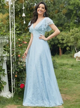 Elegantiškas Bridesmaid dresses Ilgą Šifono-LINE Rankovių V-Kaklo 2023 kada nors gana Dangaus Mėlyna Paprastas Vakarą Dresse Moterims