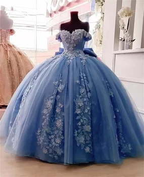 2022 Meksikos Dangus Mėlynas Quinceanera Suknelės su 3D Gėlių Aplikacijos Vestidos XV Años Saldus 16 Lankas chalatas de soirée