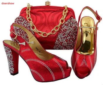 doershow Neweat Dizainas raudona Afrikos Batai Ir Maišelį Nustatyta Atitikimo Vestuvių Moterų Viduryje Aukštakulniai Sandalai TGF1-42