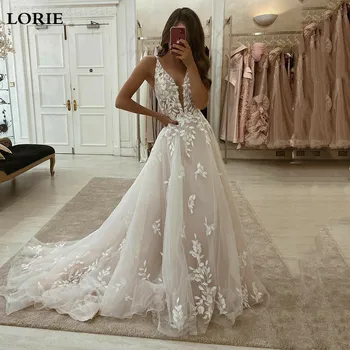 LORIE Princesė Vestuvių Suknelės Tiulio Linijos 3D Nėrinių Nuotakos Suknelė V Kaklo Boho Vestuvių Suknelės Rankovių 2022 Šalis Suknelė