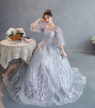 Nauja Stiliaus Nėrinių Vakaro Suknelės Šalis Ilgai Bžūp Rankovėmis Vestidos-Line Grindų Ilgis Elegantiška Prom Suknelė