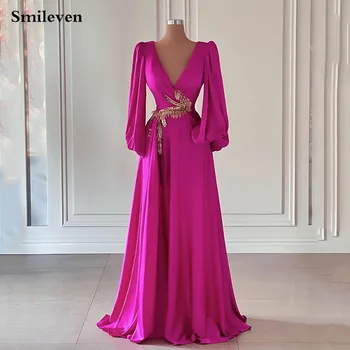 Smileven Linijos, Hot Pink Prom Dresses Vakare Chalatai Ilgomis Rankovėmis V-Kaklo Pusės Split Saudo Arabija Paprastas Vestuves Suknelė 2023