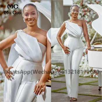 Afrikos Plus Size Vieną Petį Jumpsuits Vestuvių Suknelė Susiėmę Kulkšnies Ilgis Nuotakos Suknelė Pritaikyti Pigūs Rūbeliai De Mariée