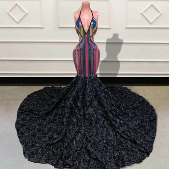 Juoda Merginos Blizgančių China Undinė Ilgai Prom Dresses 2022 Prabanga V Kaklo Backless 3D Gėlės Traukinio Oficialų Vakare Chalatai Šalis