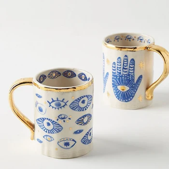 Keramikos rankų-akių puodelis ir lėkštelė aukso rėmo apdaila, virtuvė, stalo reikmenys asmeninį kavos teacup vadovas