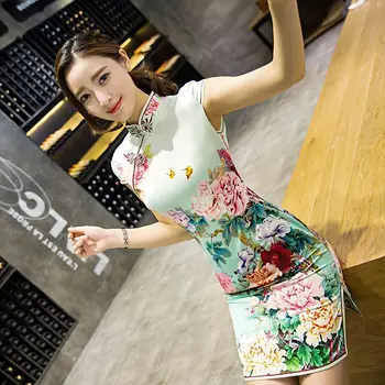 Merginos Cheongsam Kinų Tradicinė Suknelė Trumpomis Rankovėmis Vestuvių Qipao Mini Skraiste Chinoise Vestido Rytų Stiliaus Suknelės Qi Pao