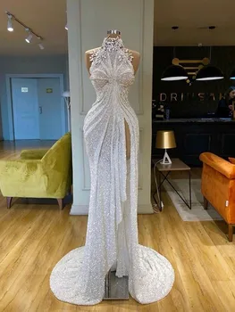 2023 Seksualus Sparkle Blizgučiais Undinė Prom Dresses Custom Made Crystal Zawalcowany Aukšto Kaklo Pusės Split Ilgai Vakare Chalatai
