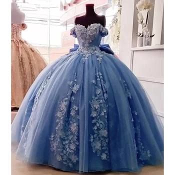 2022 Prabanga Dangus Mėlynas Quinceanera Suknelės su 3D Gėlių Aplikacijos Vestidos XV Años Saldus 16 Suknelė Lankas chalatas de soirée