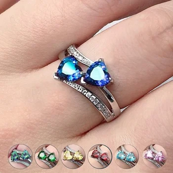 Išskirtinį meilės, mados ir elegancijos spalva dvigubo širdies safyras Birthstone inkrustacijos su mažų deimantų pora pasiūlymą žiedas